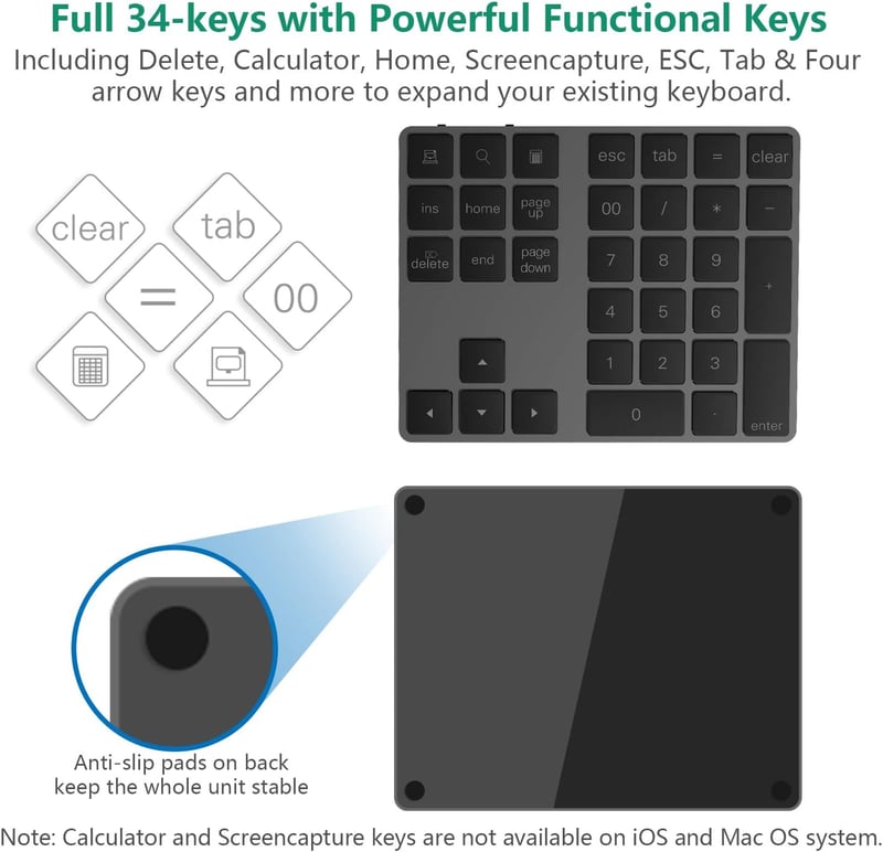 Rytaki Bluetooth Numerikus Billentyűzet - 34 Gombos Vezeték Nélküli Számpad, Újratölthető, Windows Kompatibilis Laptophoz, Tablethez