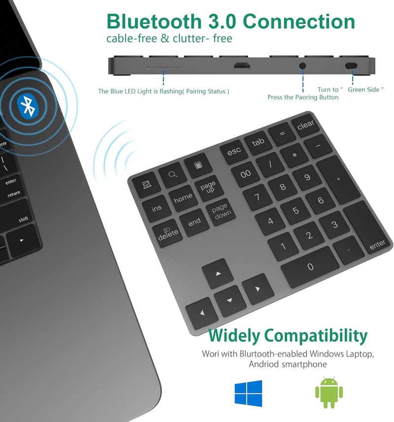 Rytaki Bluetooth Numerikus Billentyűzet - 34 Gombos Vezeték Nélküli Számpad, Újratölthető, Windows Kompatibilis Laptophoz, Tablethez