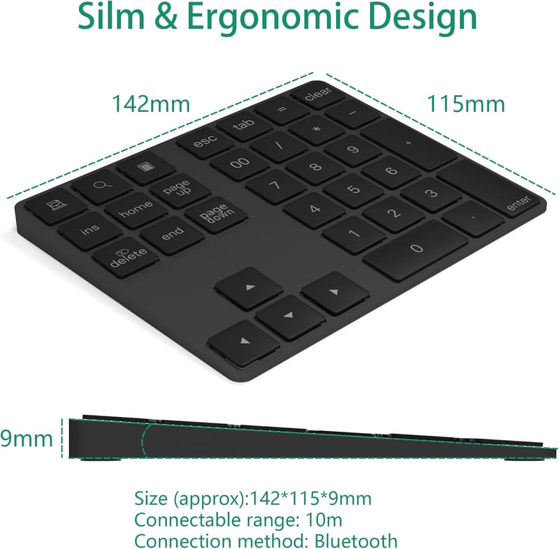 Rytaki Bluetooth Numerikus Billentyűzet - 34 Gombos Vezeték Nélküli Számpad, Újratölthető, Windows Kompatibilis Laptophoz, Tablethez