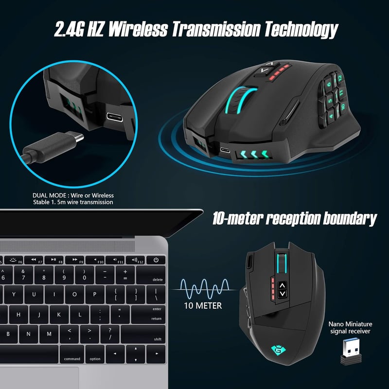 Rytaki Gamspeed V8 Pro Vezeték Nélküli MMO Gamer Egér 16000 DPI Lézer Technológiával, 16 Programozható Gombbal, RGB Világítással, Ergonomiku