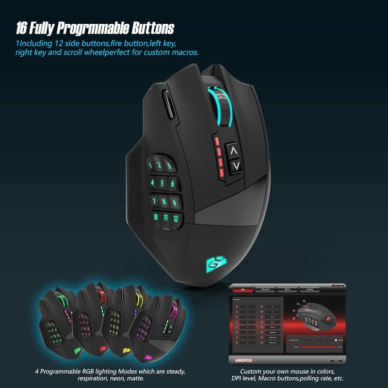 Rytaki Gamspeed V8 Pro Vezeték Nélküli MMO Gamer Egér 16000 DPI Lézer Technológiával, 16 Programozható Gombbal, RGB Világítással, Ergonomiku