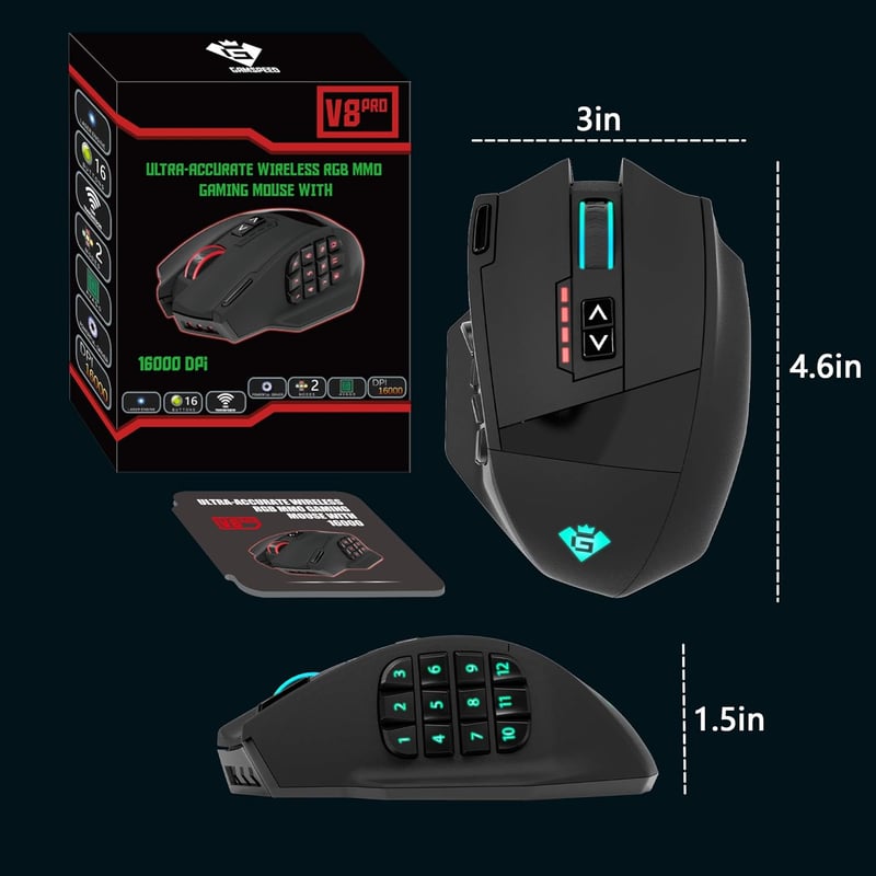 Rytaki Gamspeed V8 Pro Vezeték Nélküli MMO Gamer Egér 16000 DPI Lézer Technológiával, 16 Programozható Gombbal, RGB Világítással, Ergonomiku