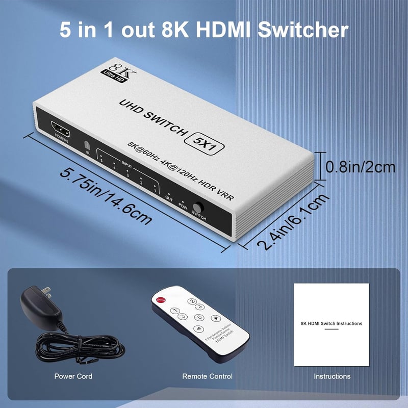 Rytaki HDMI 2.1 Switch 5 bemenet 1 kimenet - 8K@60Hz 4K@120Hz váltó távirányítóval, Xbox PS5 PC TV kompatibilis HDMI elosztó