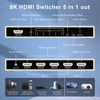 Rytaki HDMI 2.1 Switch 5 bemenet 1 kimenet - 8K@60Hz 4K@120Hz váltó távirányítóval, Xbox PS5 PC TV kompatibilis HDMI elosztó 2
