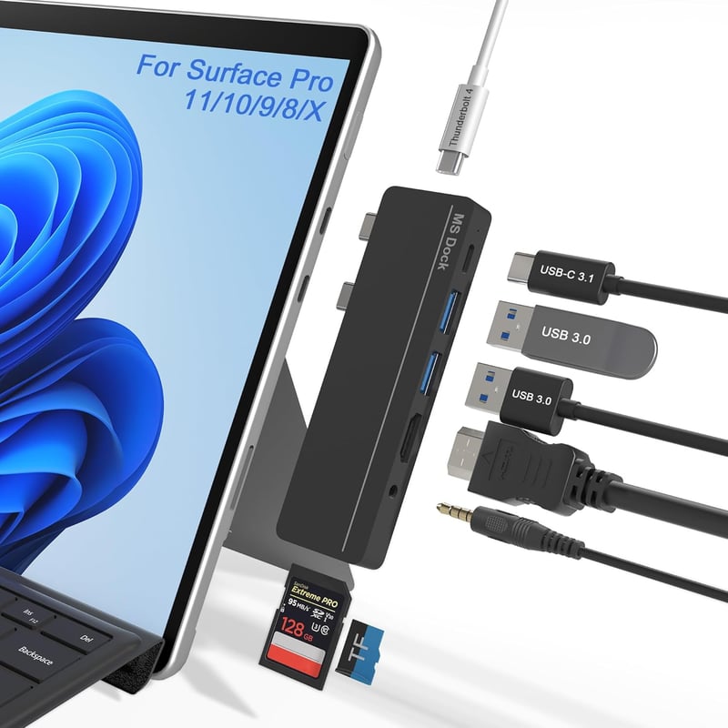Rytaki Surface Pro 8/9/10/11/X Dokkoló Állomás - 4K HDMI, 100W USB-C Thunderbolt 4, Tripla Kijelző Támogatás, SD/TF Kártyaolvasó, Audió Port