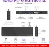 Rytaki Surface Pro 8/9/10/11/X Dokkoló Állomás - 4K HDMI, 100W USB-C Thunderbolt 4, Tripla Kijelző Támogatás, SD/TF Kártyaolvasó, Audió Port 2