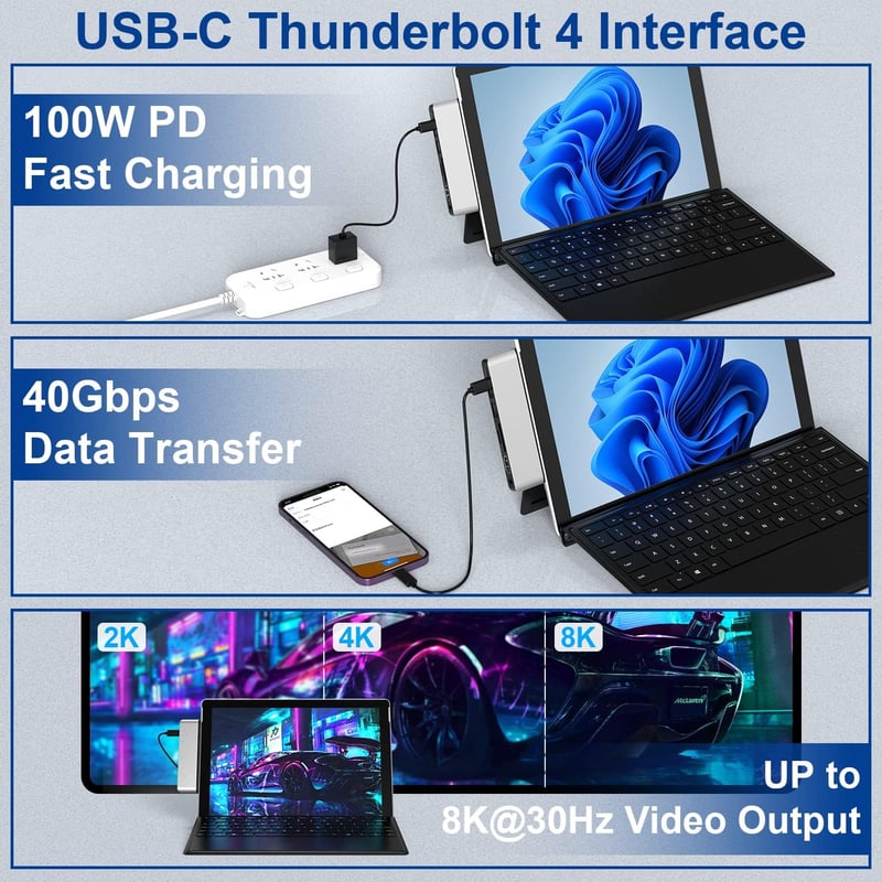 Rytaki Surface Pro 9/10/11/X Dokkoló Állomás - 4K HDMI, USB-C Thunderbolt 4, 100W PD Töltés, USB 3.0, Audio, SD/TF Kártyaolvasó Csatlakozó