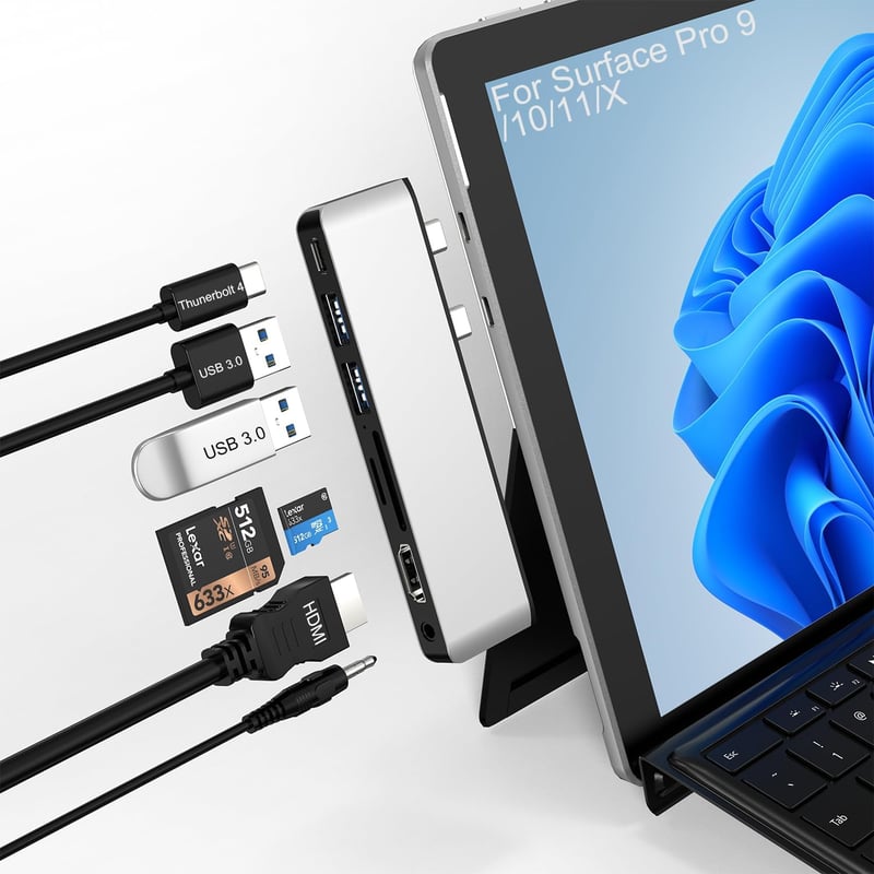 Rytaki Surface Pro 9/10/11/X Dokkoló Állomás - 4K HDMI, USB-C Thunderbolt 4, 100W PD Töltés, USB 3.0, Audio, SD/TF Kártyaolvasó Csatlakozó