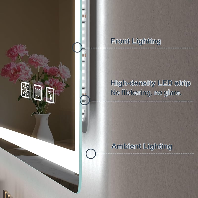 S'bagno Fürdőszobai Tükör Hangszóróval és LED Világítással, 100x70 cm, Bluetooth , Páramentesítővel, Érintésvezérléssel