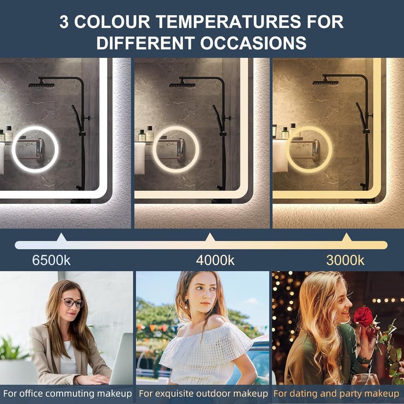 S'bagno Bluetooth Fürdőszobai Tükör LED Világítással 100x70 cm - 5x Nagyítóval, Páramentesítővel, 3 Színhőmérséklettel