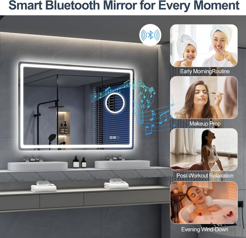 S'bagno Bluetooth Fürdőszobai Tükör LED Világítással 100x70 cm - 5x Nagyítóval, Páramentesítővel, 3 Színhőmérséklettel