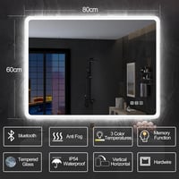 S'bagno Fürdőszobai LED Tükör 60x80 cm - Érintésérzékelős, Fényerőszabályozható, Színhőmérséklet Váltás, Bluetooth Hangszóró, Páramentesítő  9