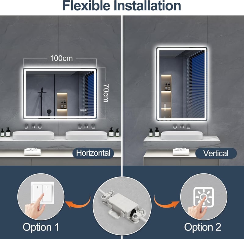 S'bagno Fürdőszobai Tükör Hangszóróval és LED Világítással, 100x70 cm, Bluetooth , Páramentesítővel, Érintésvezérléssel