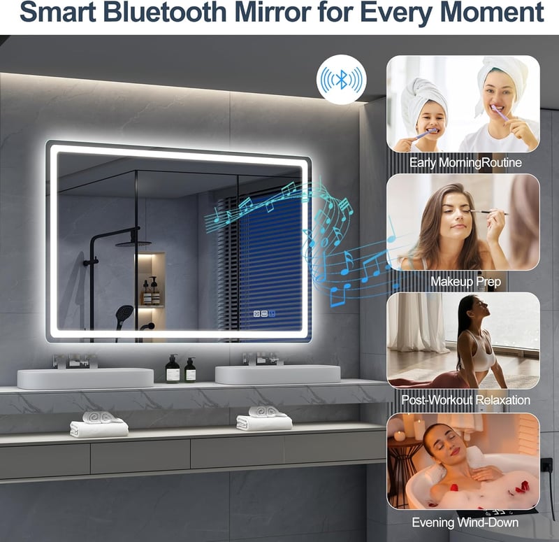S'bagno Fürdőszobai Tükör Hangszóróval és LED Világítással, 100x70 cm, Bluetooth , Páramentesítővel, Érintésvezérléssel