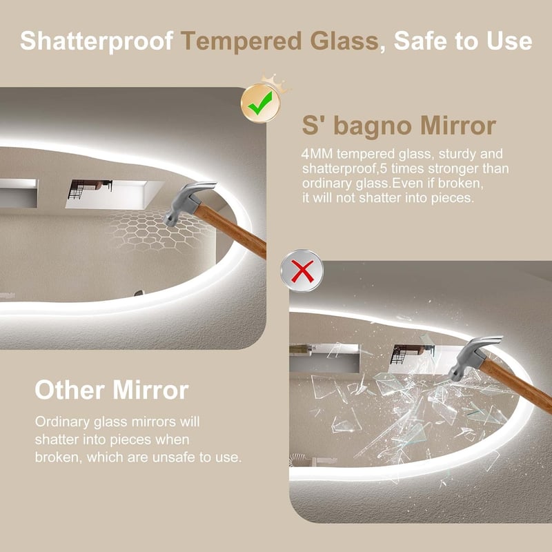 S'bagno Fürdőszobai Tükör LED Világítással 60x90 cm - Bluetooth, Páramentesítő, 3 Színhőmérséklet, Fényerőszabályzás, IP44 Vízálló, Memória 