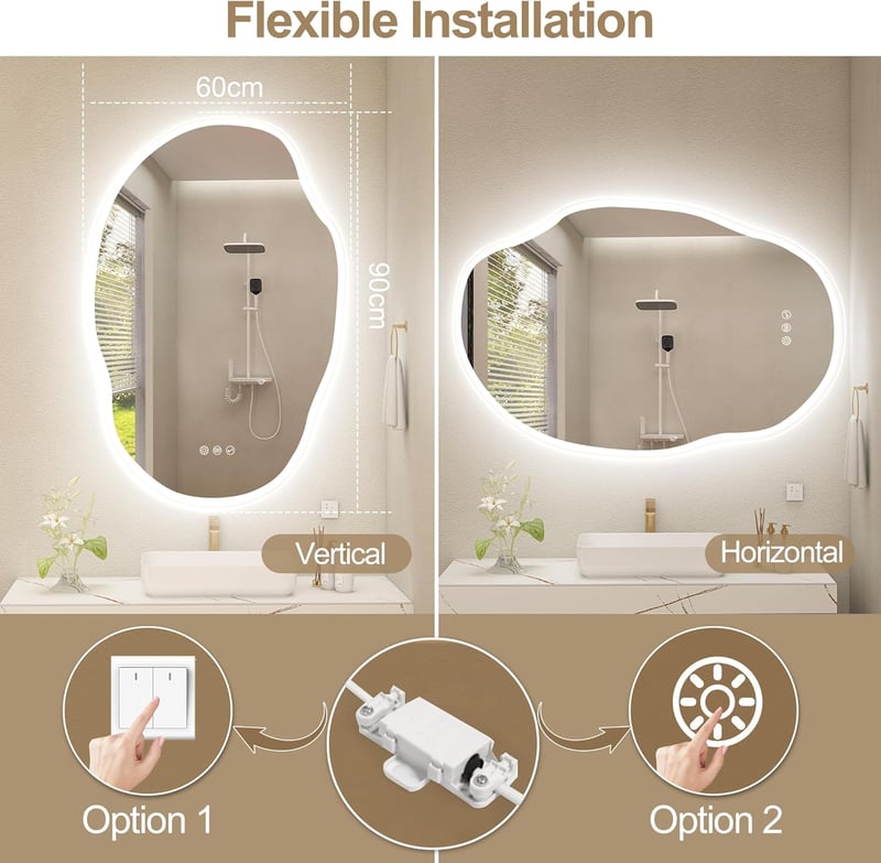S'bagno Fürdőszobai Tükör LED Világítással 60x90 cm - Bluetooth, Páramentesítő, 3 Színhőmérséklet, Fényerőszabályzás, IP44 Vízálló, Memória 