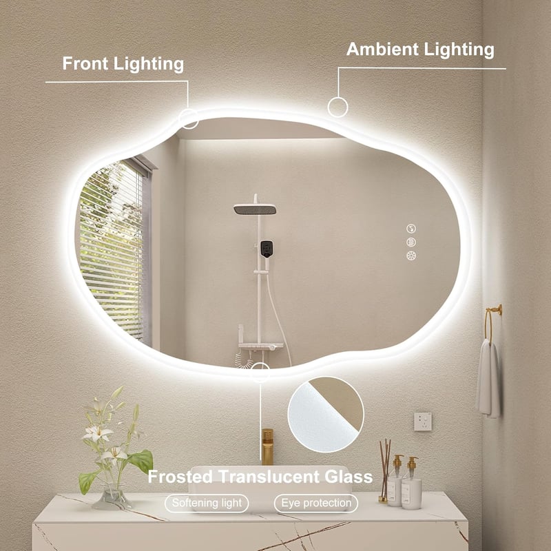 S'bagno Fürdőszobai Tükör LED Világítással 60x90 cm - Bluetooth, Páramentesítő, 3 Színhőmérséklet, Fényerőszabályzás, IP44 Vízálló, Memória 