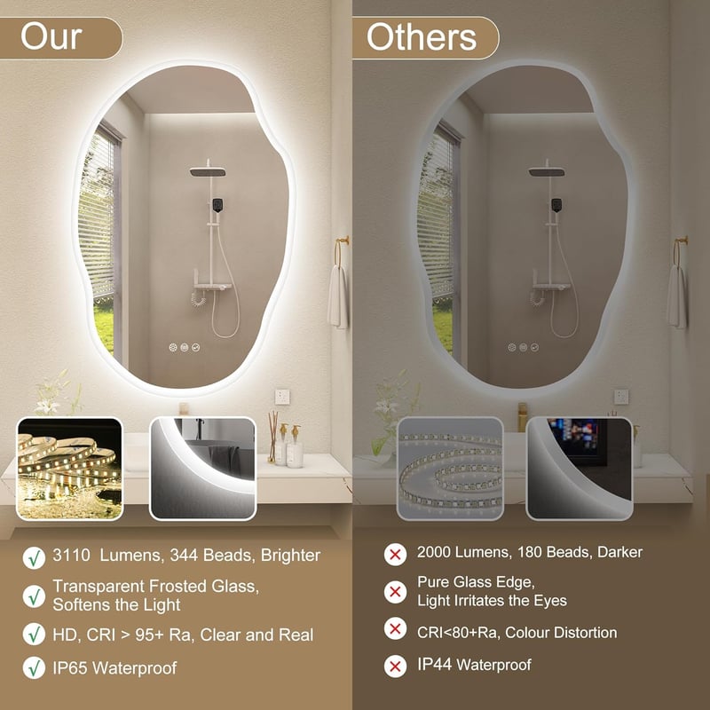 S'bagno Fürdőszobai Tükör LED Világítással 60x90 cm - Bluetooth, Páramentesítő, 3 Színhőmérséklet, Fényerőszabályzás, IP44 Vízálló, Memória 