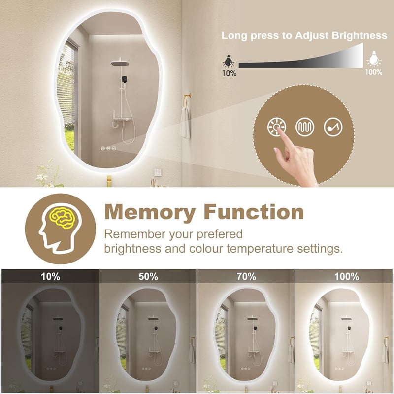 S'bagno Fürdőszobai Tükör LED Világítással 60x90 cm - Bluetooth, Páramentesítő, 3 Színhőmérséklet, Fényerőszabályzás, IP44 Vízálló, Memória 