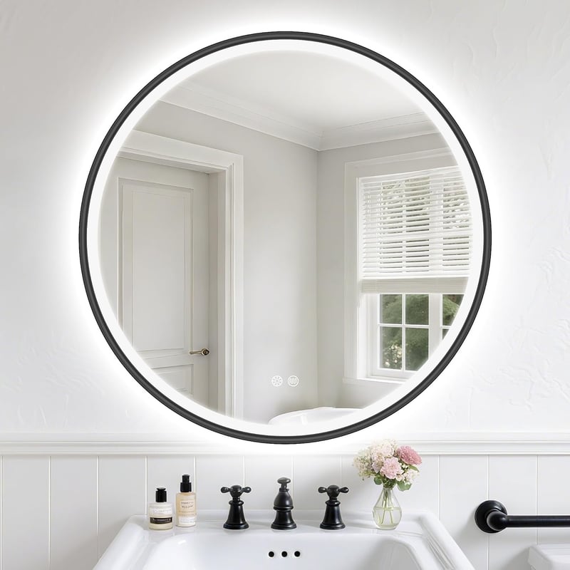 S'bagno Kerek Fürdőszobai Tükör 600 mm - Alumínium Keret, LED Világítás, Páramentesítő Funkcióval, 3000-6500K Színhőmérséklet, Fekete