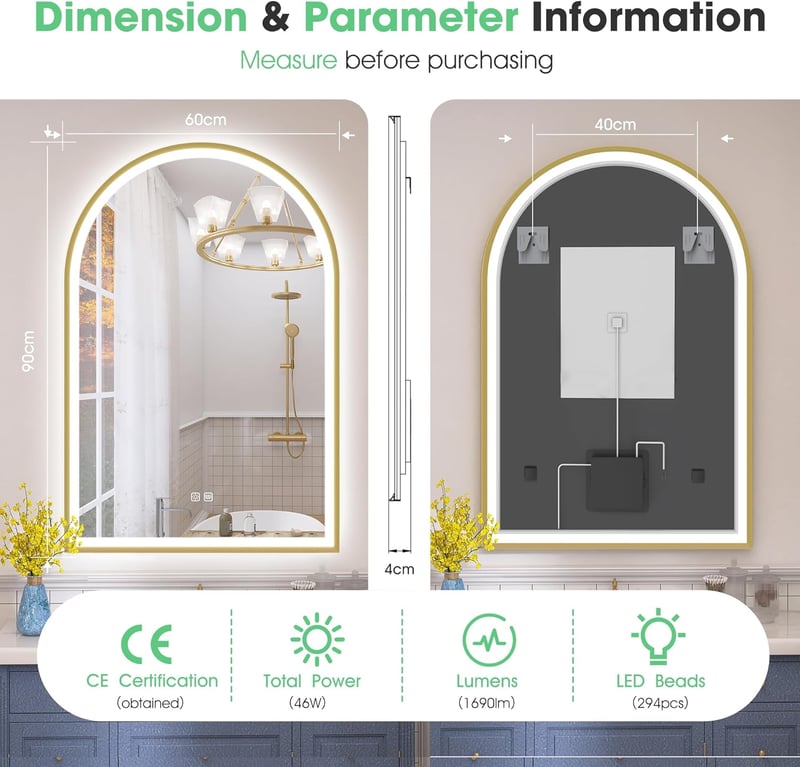 S'bagno LED fürdőszobai tükör 90x60cm, alumínium keret, páramentesítő, 3000-6500K