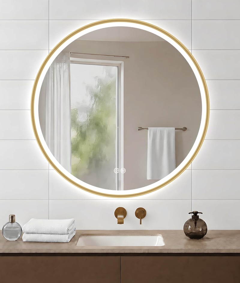 Oglindă de baie cu iluminare LED S'bagno 80 cm, ramă din aluminiu auriu, funcție anti-aburire, 3 temperaturi de culoare, reglabilă (dimmabilă), IP44