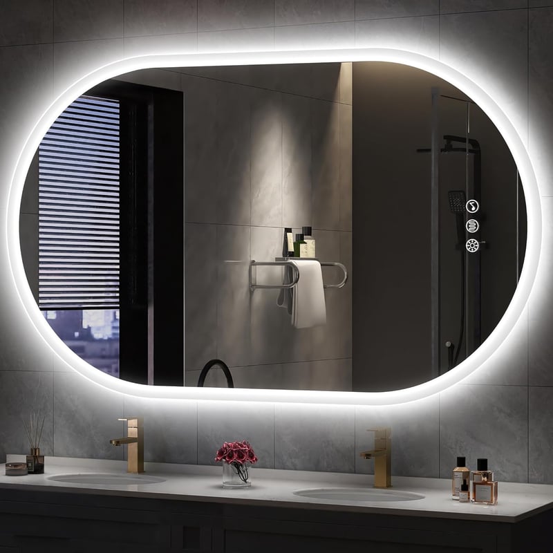 S'bagno Ovális Fürdőszobai Tükör LED Világítással 100x60 cm - Bluetooth, Páramentesítő, 3 Színhőmérséklet, IP44 Vízálló, Memória Funkcióval