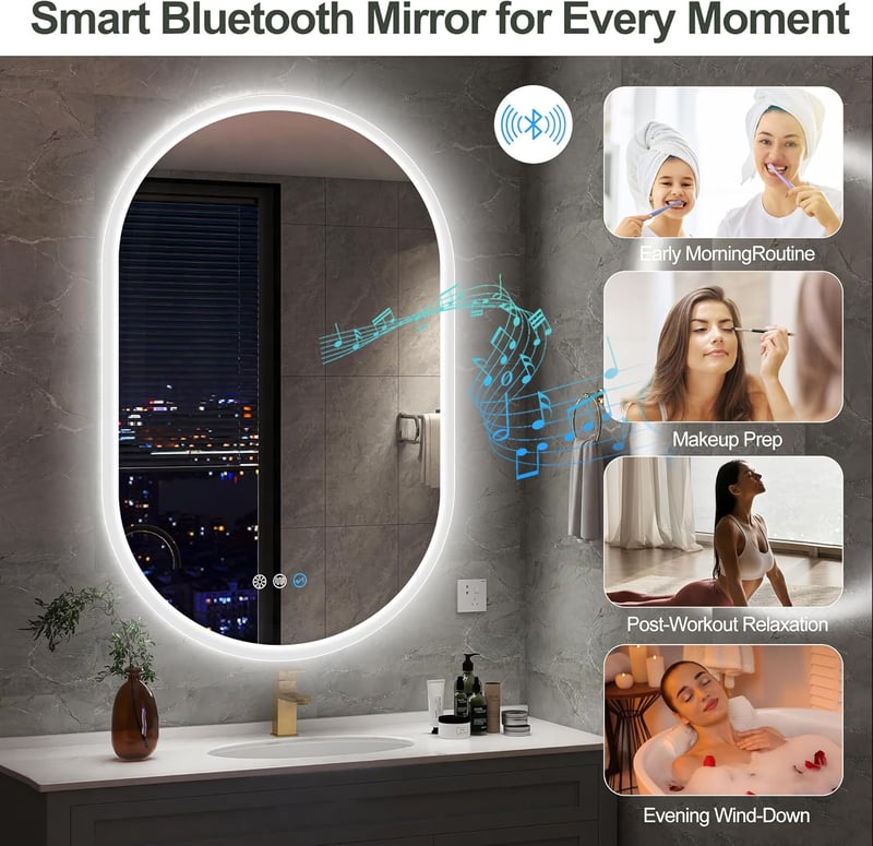 S'bagno Ovális Fürdőszobai Tükör LED Világítással 60x90 cm - Bluetooth, Páramentesítő, 3 Színhőmérséklet, IP44 Vízálló, Memória Funkcióval