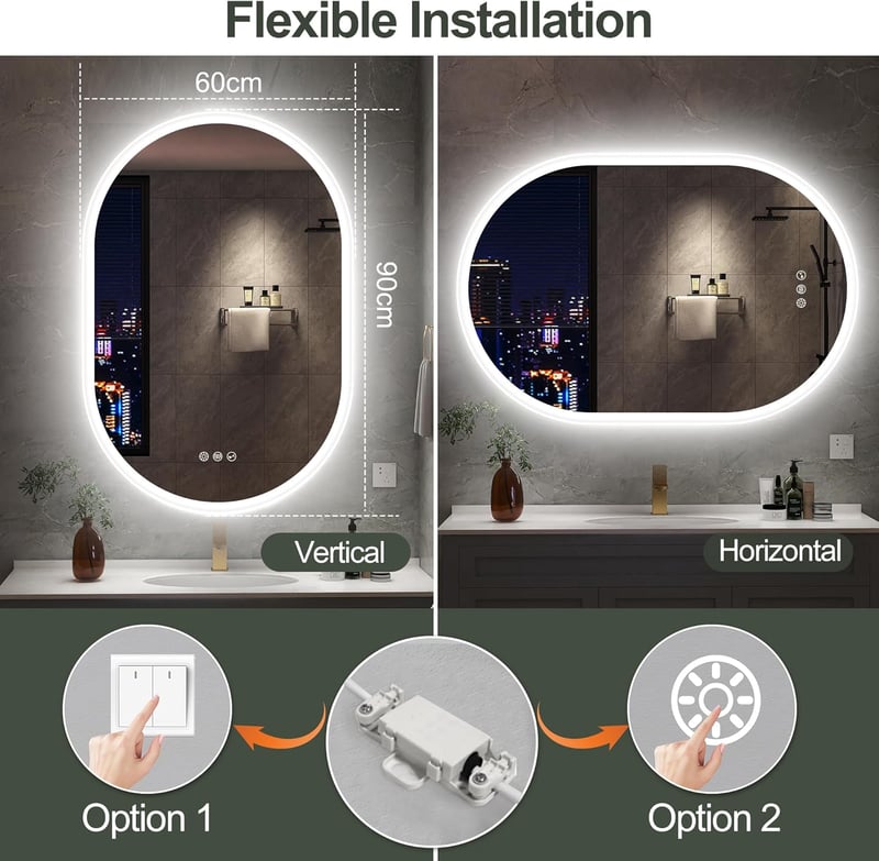 S'bagno Ovális Fürdőszobai Tükör LED Világítással 60x90 cm - Bluetooth, Páramentesítő, 3 Színhőmérséklet, IP44 Vízálló, Memória Funkcióval