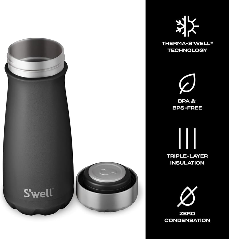 S'well Rozsdamentes Utazó Termosz - Vákuumszigeteléses Kávés Pohár, Fekete - Onyx Black, Traveler