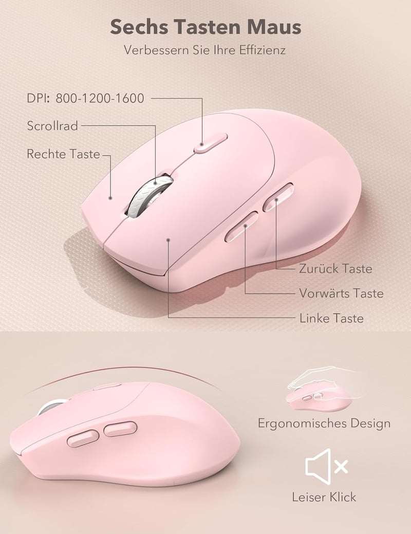 SABLUTE Ergonomikus Vezeték Nélküli Billentyűzet és Egér Szett, Csuklótámasz, Telefontartó, Rosa - Pink