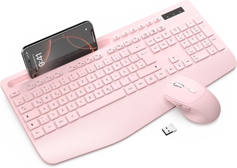 SABLUTE Ergonomikus Vezeték Nélküli Billentyűzet és Egér Szett, Csuklótámasz, Telefontartó, Rosa - Pink