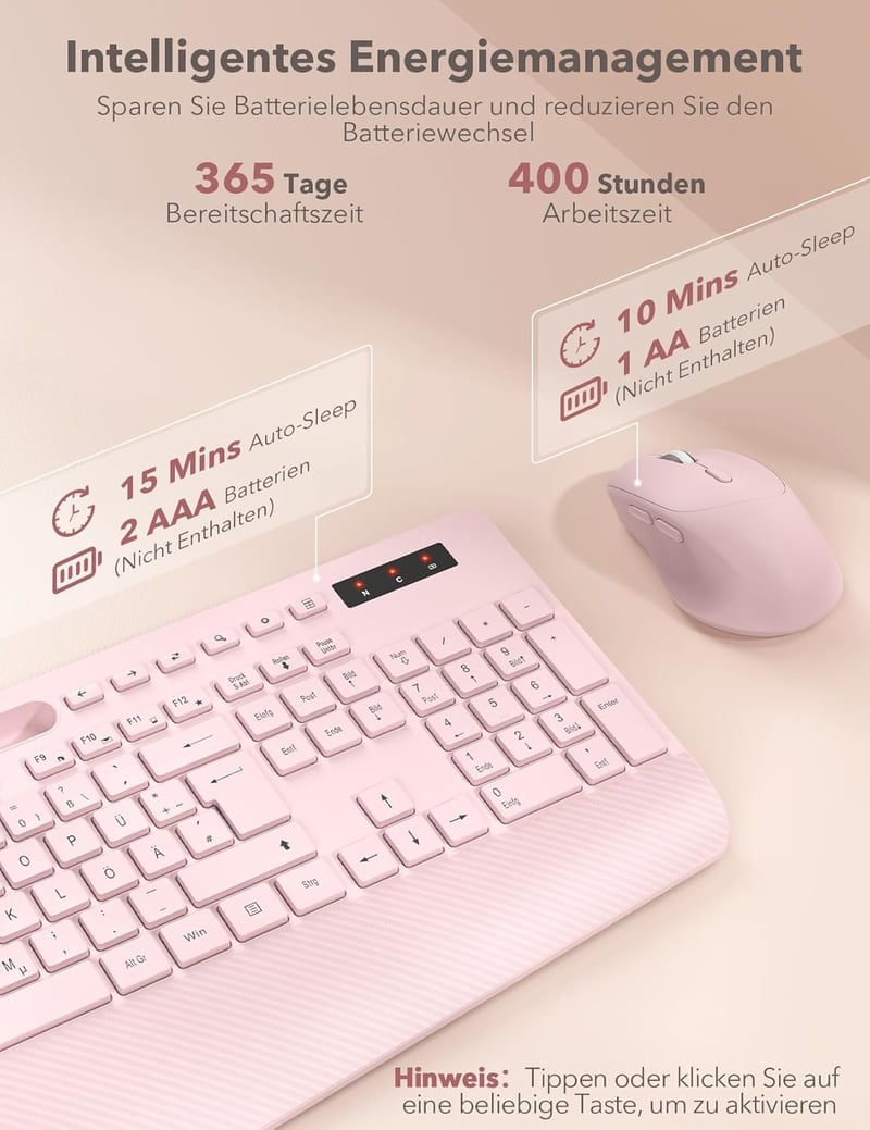 SABLUTE Ergonomikus Vezeték Nélküli Billentyűzet és Egér Szett, Csuklótámasz, Telefontartó, Rosa - Pink
