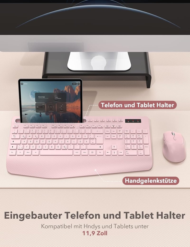 SABLUTE Ergonomikus Vezeték Nélküli Billentyűzet és Egér Szett, Csuklótámasz, Telefontartó, Rosa - Pink