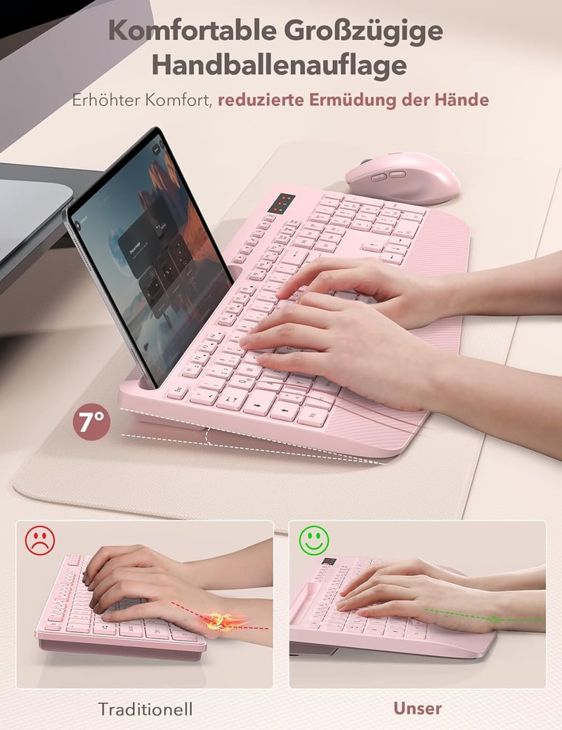 SABLUTE Ergonomikus Vezeték Nélküli Billentyűzet és Egér Szett, Csuklótámasz, Telefontartó, Rosa - Pink