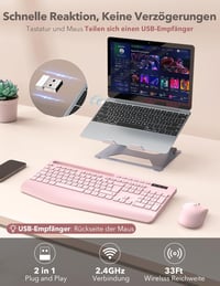 SABLUTE Ergonomikus Vezeték Nélküli Billentyűzet és Egér Szett, Csuklótámasz, Telefontartó, Rosa - Pink 4