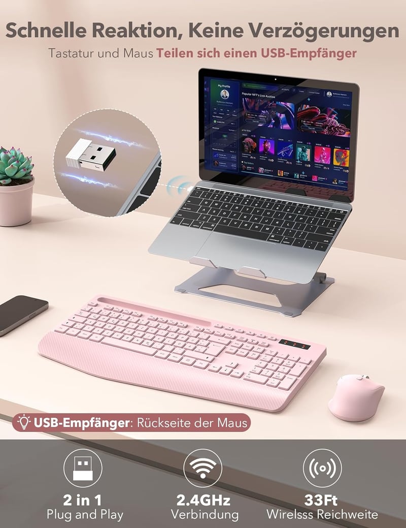 SABLUTE Ergonomikus Vezeték Nélküli Billentyűzet és Egér Szett, Csuklótámasz, Telefontartó, Rosa - Pink