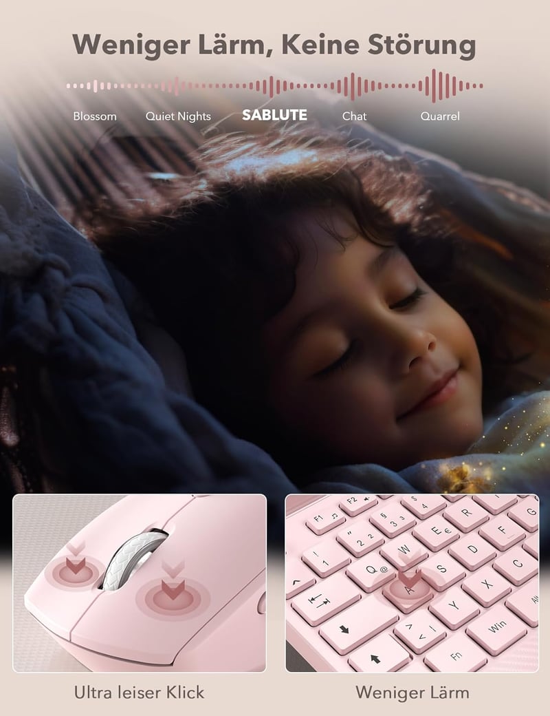 SABLUTE Ergonomikus Vezeték Nélküli Billentyűzet és Egér Szett, Csuklótámasz, Telefontartó, Rosa - Pink
