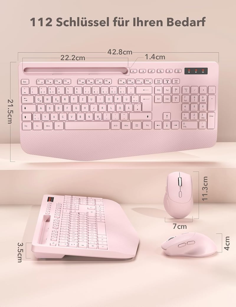 SABLUTE Ergonomikus Vezeték Nélküli Billentyűzet és Egér Szett, Csuklótámasz, Telefontartó, Rosa - Pink