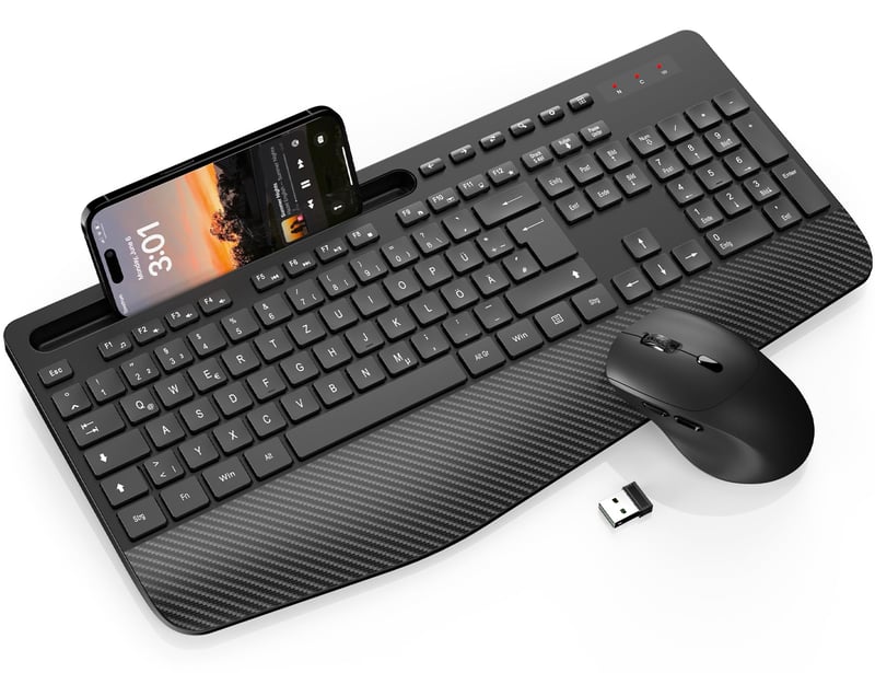SABLUTE Set tastatură și mouse wireless, cu suport pentru încheietură, suport pentru telefon, 2.4GHz, silențios, mod sleep, compatibil PC/Laptop/Mac/Windows, Negru