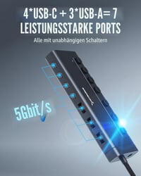 SABRENT HB-3A4C USB-C rozbočovač so 7 portami, 48 W, s vypínačmi, čierny – USB hub s funkciou nabíjania 4