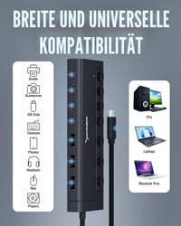 SABRENT HB-3A4C USB-C rozbočovač so 7 portami, 48 W, s vypínačmi, čierny – USB hub s funkciou nabíjania 5