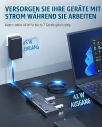SABRENT HB-3A4C USB-C rozbočovač so 7 portami, 48 W, s vypínačmi, čierny – USB hub s funkciou nabíjania 3