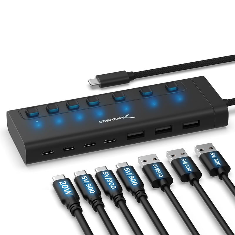 SABRENT HB-3A4C USB-C rozbočovač so 7 portami, 48 W, s vypínačmi, čierny – USB hub s funkciou nabíjania