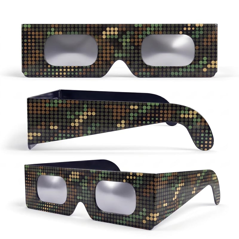 Ochranné okuliare na zatmenie slnka SAFE ECLIPSE, 2 ks, 45 mm rám, vhodné na nosenie cez dioptrické okuliare, certifikované podľa EN ISO 12312-2:2015, s označením CE, na priame pozorovanie slnka – Digital Camo