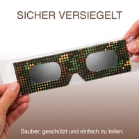 Ochranné okuliare na zatmenie slnka SAFE ECLIPSE, 2 ks, 45 mm rám, vhodné na nosenie cez dioptrické okuliare, certifikované podľa EN ISO 12312-2:2015, s označením CE, na priame pozorovanie slnka – Digital Camo 6
