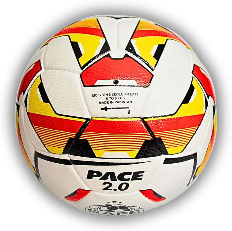 Safe Sport Gear Pace 2.0 Foci Labda 5 TPU, Latex Belsővel, Aerodinamikus Felületmintával, Edzésre és Meccsre, Fehér Piros Sárga Fekete