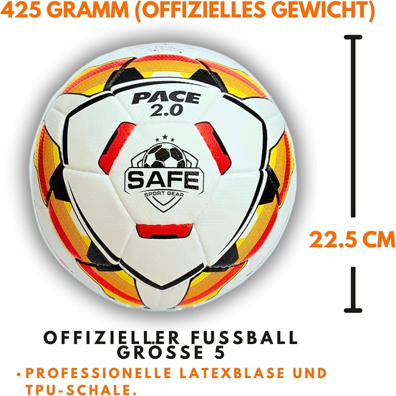 Safe Sport Gear Pace 2.0 Foci Labda 5 TPU, Latex Belsővel, Aerodinamikus Felületmintával, Edzésre és Meccsre, Fehér Piros Sárga Fekete