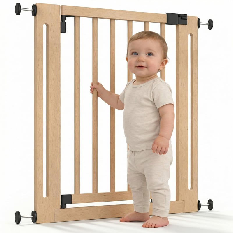 Safetots Wooden Elegance Drevená detská zábrana na schodisko prírodná – Bez vŕtania – 87-95 cm – Obojsmerné otváranie – Pre deti a domácich miláčikov