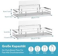 saffruff Zuhanyzó Polc Szett 2db - Fúrás Nélküli Fürdőszobai Tároló, Ezüst Sampontartó, Rozsdamentes, Vízálló, 11x30x5cm, 10kg Teherbírás 3